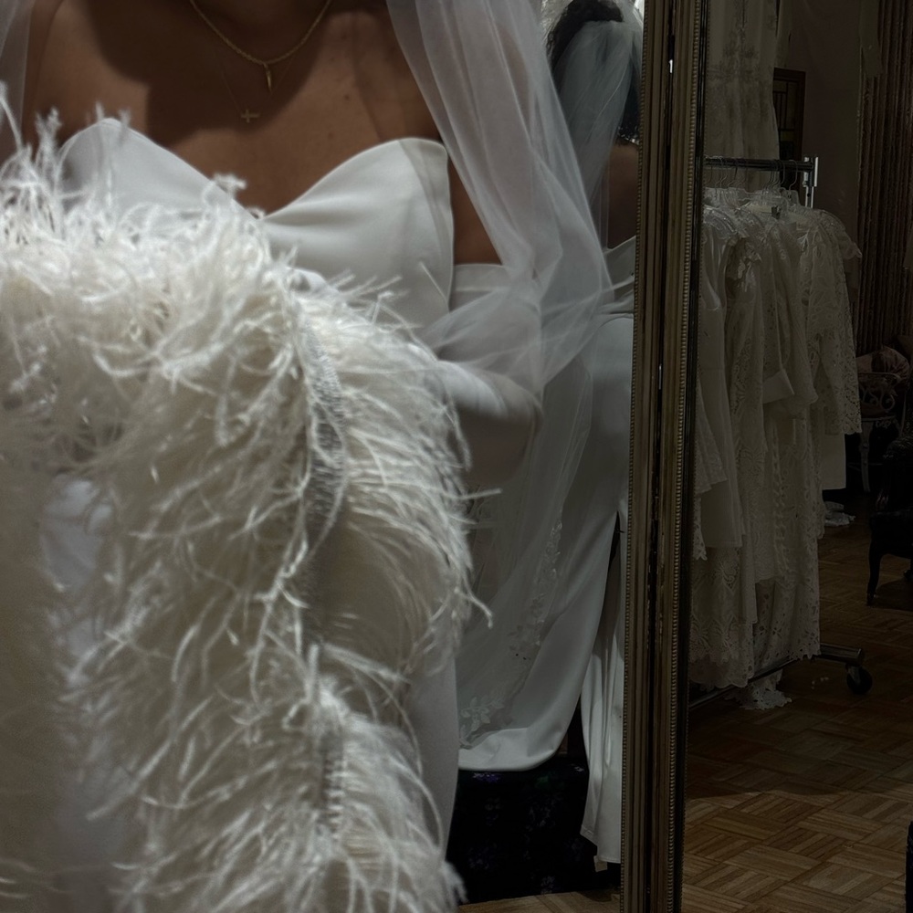 Yvonne Le Fleur Elegant White Wedding Dress with Ostrich Feather Detail - Picture 13 of 13